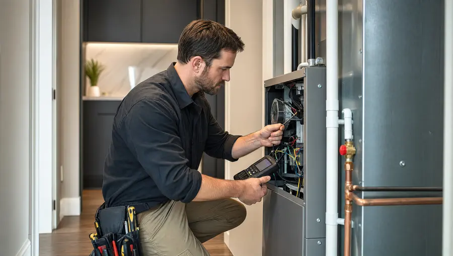 Technician servicing a residential heating system indoors